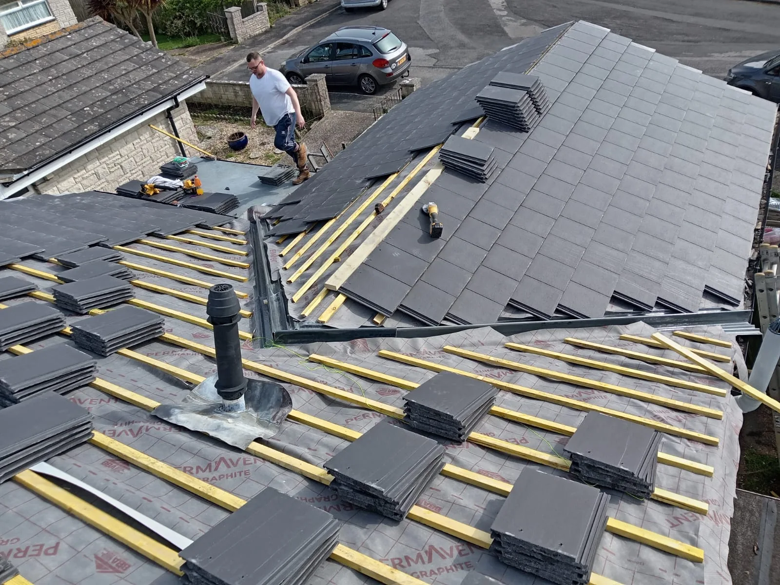Slate roofing work in progress